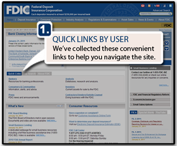 1 - Quick Links by User Screenshot of the fdic.gov home page with the Quick Links by User box highlighted.