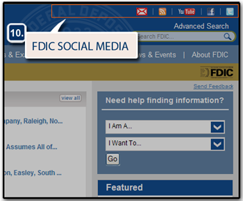 10 - Social Media Screenshot of the fdic.gov home page with the Social Meida/Web 2.0 icons highlighted.