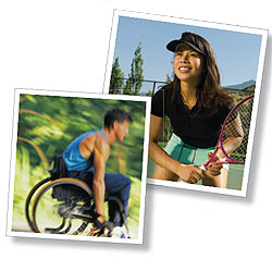 Two images showing a man in a wheelchair racing and a woman playing tennis.