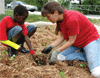 Jan Berg Kruse with a Greenwood Elementary student planting native plants.