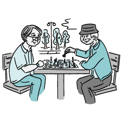 Cartoon of two older men playing chess outdoors.