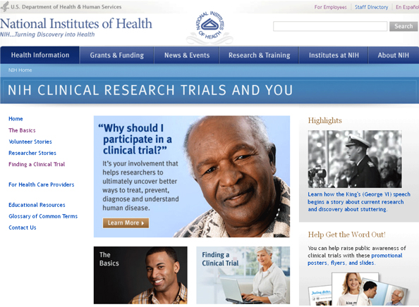 Screen capture of the homepage for NIH Clinical Research Trials and You