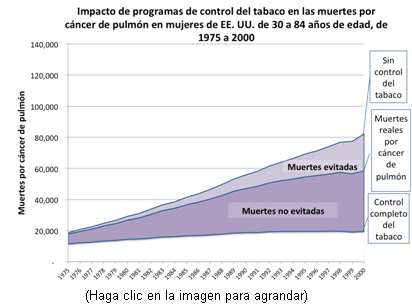 Este gráfico presenta los índices de mortalidad por cáncer de pulmón de 1975 al 2000, bajo los tres escenarios estudiados por los investigadores; i. e., Sin control del tabaco, Control real del tabaco y Control total del tabaco. Este gráfico ofrece datos de mujeres de Estados Unidos.