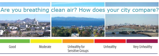 Image includes bar that shows color codes for Air Quality Index:  green for good, yellow for moderate, orange for unhealthy for sensitive groups, unhealthy for red and purple for very unhealthy.
