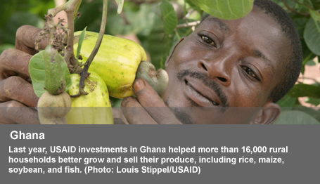 Last year, USAID investments in Ghana helped more than 16,000 rural households better grow and sell their crops, including rice, maize, soybean, tree fruit and fish. Photo: Susan Quinn/USAID.