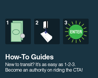 (three icons showing cash being presented, the insertion of a farecard into a turnstile, and an enter light illuminating) How-To Guides: New to transit? It's as easy as 1-2-3. Become an authority on riding the CTA!