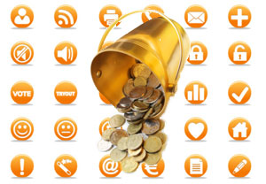 Images of social media logos, with a bucket of coins pouring over them.