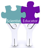 Above: image of two person icons holding two puzzle pieces one says 'Scientist' and the other says 'Educator'. Below: Text that says 'A Scientist's guide to K-12 Partnerships'.