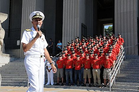 Vice Admiral Scott Van Buskirk, Chief of Naval Personnel addresses family members before swearing members of the 54th Cardinal Company into the Navy at the Soldier's Memorial. Eighty-seven recruits from Navy Recruiting District St. Louis were sworn in. The Cardinal Company, named for the St. Louis Cardinals, has sponsored such groups annually since 1959.  U.S. Navy photo by Mass Communication Specialist 1st Class Jason Winn (Released)  120809-N-MZ294-038