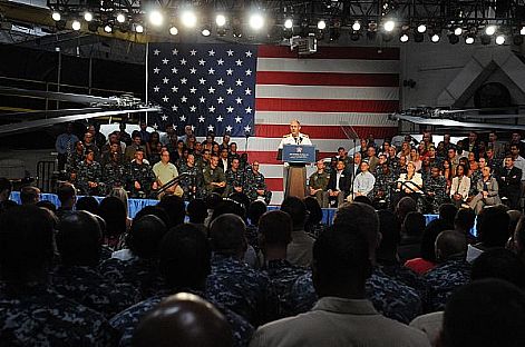 Vice Adm. Scott R. Van Buskirk, Chief of Naval Personnel, delivers remarks to service members and their families at Naval Station Mayport about the Joining Forces initiative. First lady Michelle Obama also spoke at the event. Obama and Dr. Jill Biden created Joining Forces to bring Americans together to recognize, honor and take action to support veterans and military families.  U.S. Navy photo by Mass Communication Specialist 1st Class Toiete Jackson (Released)  120822-N-DG679-029
