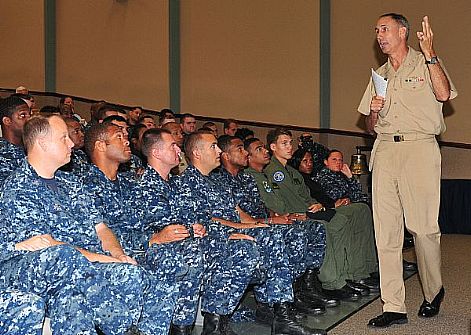 Vice Adm. Scott R. Van Buskirk, Chief of Naval Personnel, speaks to Sailors at Naval Station Mayport during an all-hands call. Van Buskirk is touring naval bases to inform Sailors of the future direction of the U.S. Navy.  U.S. Navy photo by Mass Communication Specialist 2nd Class Sunday Sawyer (Released)  120823-N-DD445-003