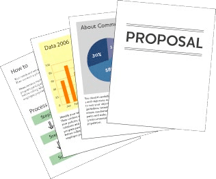Four sheets of paper depicting an example of a proposal.