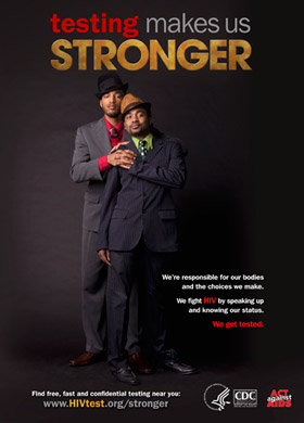 Poster of African American male couple wearing suits and holding hands, facing forward