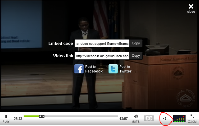 The sharing tab in the VideoCast player
