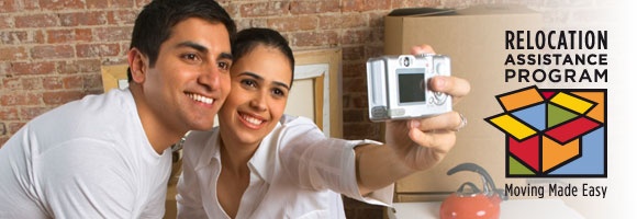 Relocation Assistance Program logo and a couple taking a picture of themselves during a move