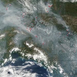 Fires and smoke across Alaska and Northern Canada August 21, 2004, Archive Image courtesy of NASA Modis
