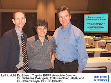 Photo of Dr. Edward Trapido, Dr. Catherine DeAngelis, and Dr. Robert Croyle