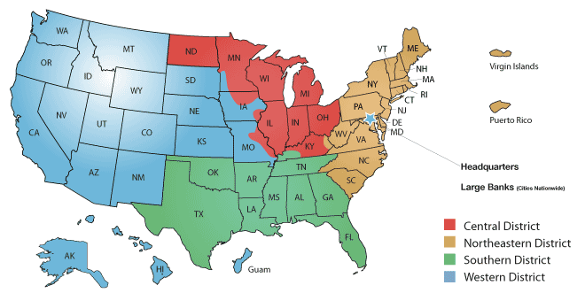 Map of the United States showing the OCC Districts and Headquarters