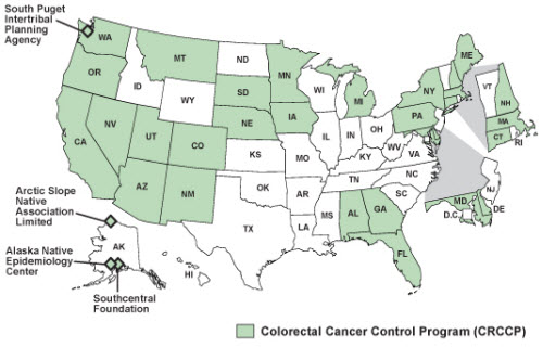 United States map highlighting the states and tribes that are part of the Colorectal Cancer Control Program.