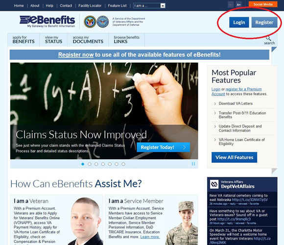 Screenshot of the eBenefits page with the Login link highlighted