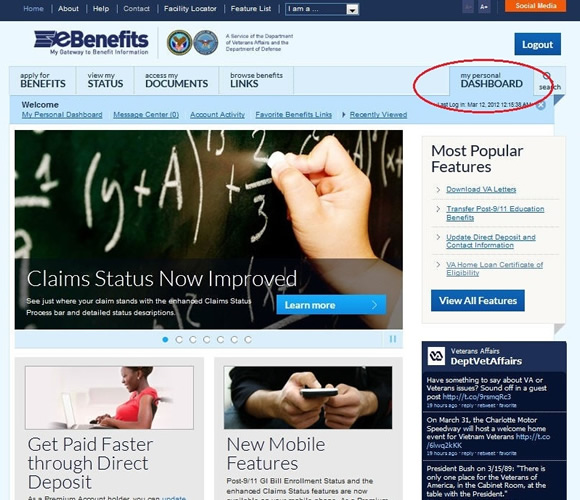 Screenshot of the eBenefits page with the Dashboard link highlighted