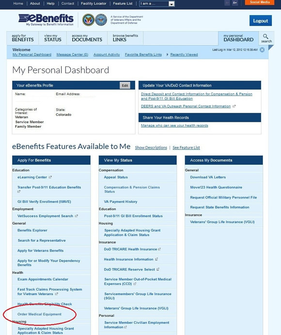Screenshot of the eBenefits page with the medical equipment link highlighted