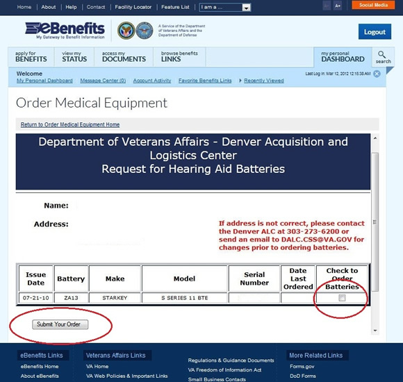 Screenshot of the Order Medical Equipment form with checkbox and submit button highlighted