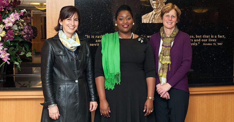 Three WEAmericas Small Grants awardees (from left) -- Founder and President of Comunidades de la Tierra Maria Pachecho (Guatemala), Board Member of Women Entrepreneurs Network Caribbean Yaneek Page (Caribbean), D.C. Director of Fundación Paraguaya Mary Liz Kehler (Paraguay) -- pose for a photograph at the U.S. Department of State in Washington, D.C., February 4, 2013. [State Department photo/ Public Domain]