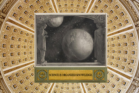 Thomas Jefferson Building, Great Hall and Interior Dome, Bendaâ€™s painting The Earth with the Milky Way and Moon from Prints and Photographs Collection, words Science is Organized Knowledge