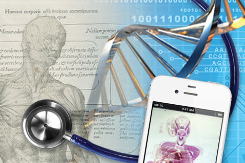 Stethoscope, model of DNA, Da Vinci drawing of head, neck, and shoulders, smart phone application