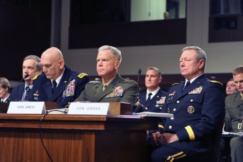 Gen. Frank Grass, the chief of the National Guard Bureau (right), testifies to the Senate Armed Services Committee, along with other members of the Joint Chiefs of Staff, on the impact on the Defense Department of sequestration and a year-long continuing resolution at the Dirksen Senate Office Building in Washington, D.C., Feb. 12, 2013.