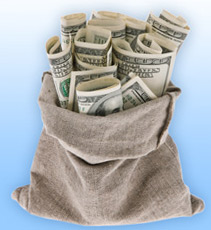 Sack filled with hundred dollar bills