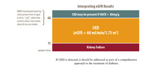 A rectangle represents the GFR ranges for kidney failure, CKD, and normal kidney function. A red strip below 15 at the bottom of the rectangle represents kidney failure. A yellow strip between 15 and 59 in the middle of the rectangle represents CKD. A green strip above 60 at the top of the rectangle represents normal kidney function. Text in the green section notes that CKD may be present with a GFR at or above 60 if the UACR is greater than 30. Text to the left of the rectangle notes that NKDEP recommends reporting GFR values greater than or equal to 60 as > or = 60, rather than numeric values because values above 60 are not reliable.