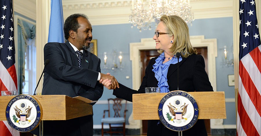 U.S. Secretary of State Hillary Rodham Clinton delivers remarks with Somali President Hassan Sheikh Mohamud at the U.S. Department of State in Washington, D.C. on January 17, 2013. [State Department photo/ Public Domain]