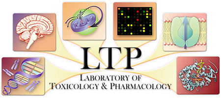 Laboratory of Toxicology and Pharmacology logo with 6 boxes: DNA strand and chromosomes, whole brain, mitochondria, microarray plate, transporter in membrane, 3D model of a protein structure