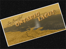 This fictional vacation postcard shows a 3-D projection of actual radar data of a lake on Saturn's moon Titan