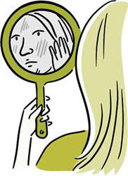 Illustration of a woman looking into a mirror and touching blotches on her face.