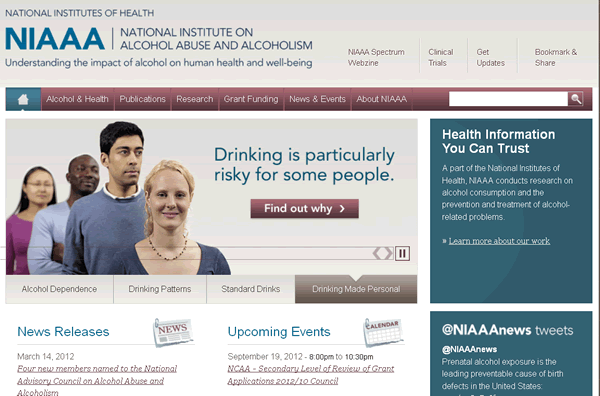 Screen capture of the homepage for NIH’s NIAAA.