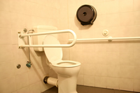 A bathroom with a grab bar by the toilet