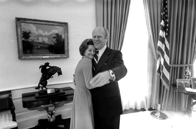 Image from the Presidential Libraries:

Betty Ford
April 8, 1918 - July 8, 2011
To honor the remarkable and inspiring life of Betty Ford, Our Presidents will be sharing photos and stories about the former First Lady.  Here, President and Mrs. Ford hug each other in the Oval Office.  December 6, 1974. 
From the Ford Presidential Library and Museum.  

