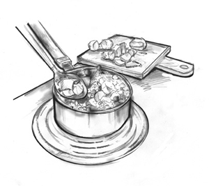 Drawing of diced potatoes boiling in a pot of water. Behind the pot is a diced potato on a cutting board.