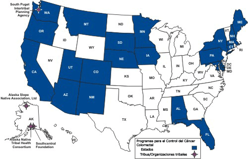 Mapa de los Estados Unidos que destaca los estados y las cuatro tribus que forman parte del Programa para el Control del Cáncer Colorrectal.