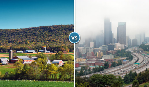 Comparing two photos: one of a rural farm versus another of a busy city.
