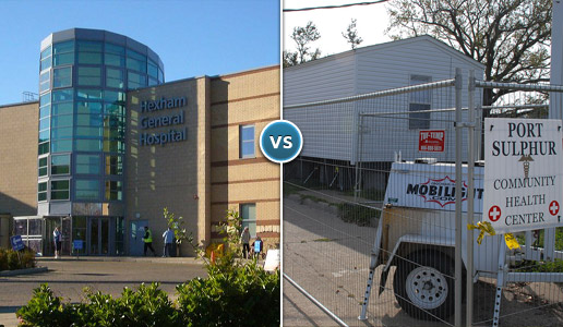 Comparing two photos: one of a large, modern hospital versus another of a medical center in a mobile trailer.