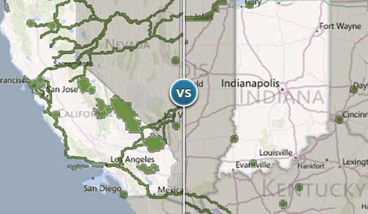 Comparing two illustrations: one depicting a large amount of green space and parks in California versus another depicting a sparse amount in Indiana.