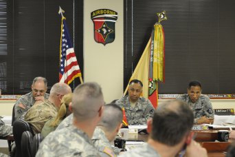 Gen. Dennis L. Via the commander of the U.S. Army Materiel Command (AMC) (center), Maj. Gen. Gustave F. Perna, the Deputy Chief of Staff of Operations for AMC (left), and Col. Charles R. Hamilton, commander of the 101st Sustainment Brigade, participate in a round table discussion with logistical stakeholders from Fort Campbell, Ky., Feb. 8. The round table took place at the 101st Sustainment Brigade headquarters with representatives from the installation that included the Directorate of Logistics, the 101st Airborne Division (Air Assault), and multiple military sustainment elements.