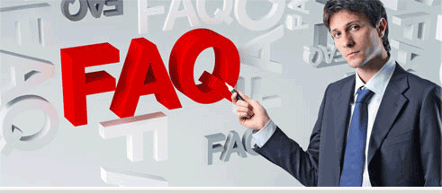 A young man pointing to the letters 'FAQ'.