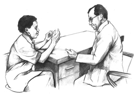 Drawing of a male doctor talking with a female patient. Both are seated at a desk.