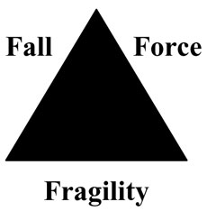 Triangle diagram of the relationship between fall, force, and fragility