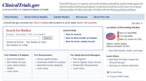 Screen capture of the homepage for the ClinicalTrials.gov website.